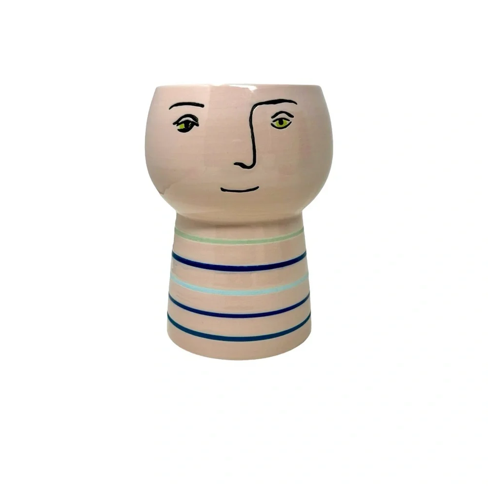 Flower Face Vase | Pink Blue and Green Stripe. 6”